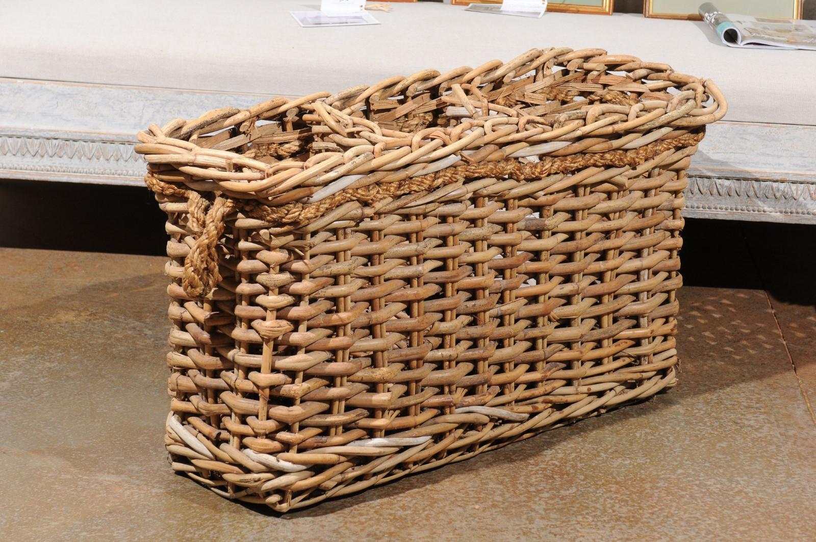 20th Century Rustic French Narrow Rectangular Partitioned Wicker Basket with Rope Handles