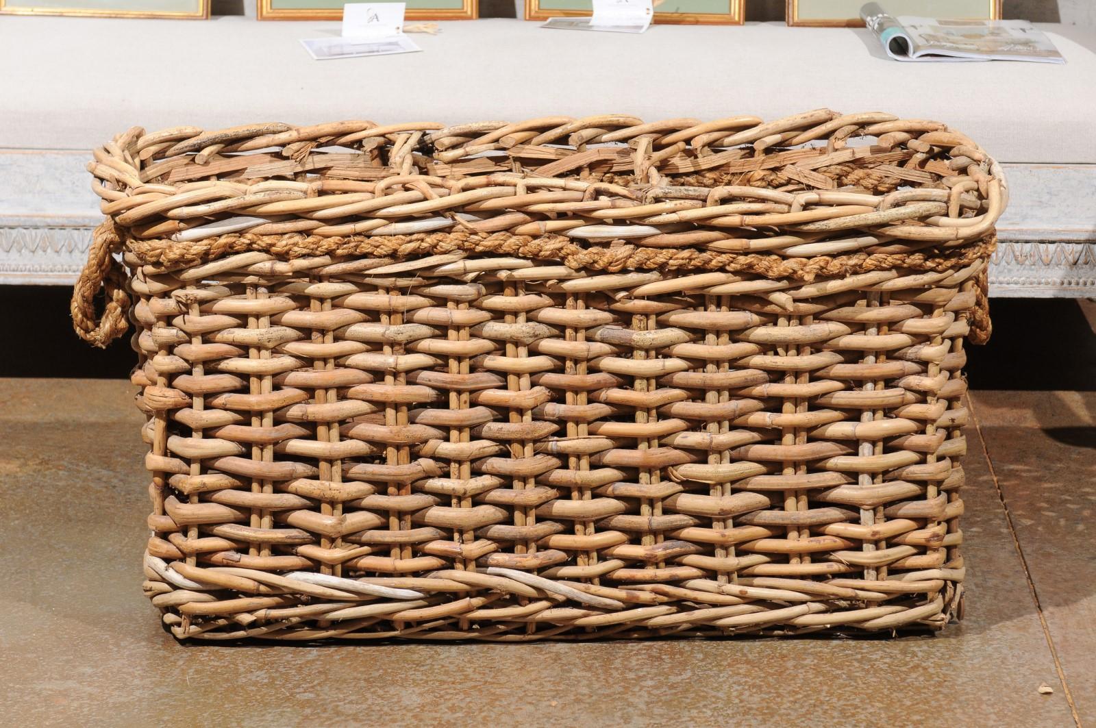 Rustic French Narrow Rectangular Partitioned Wicker Basket with Rope Handles 1