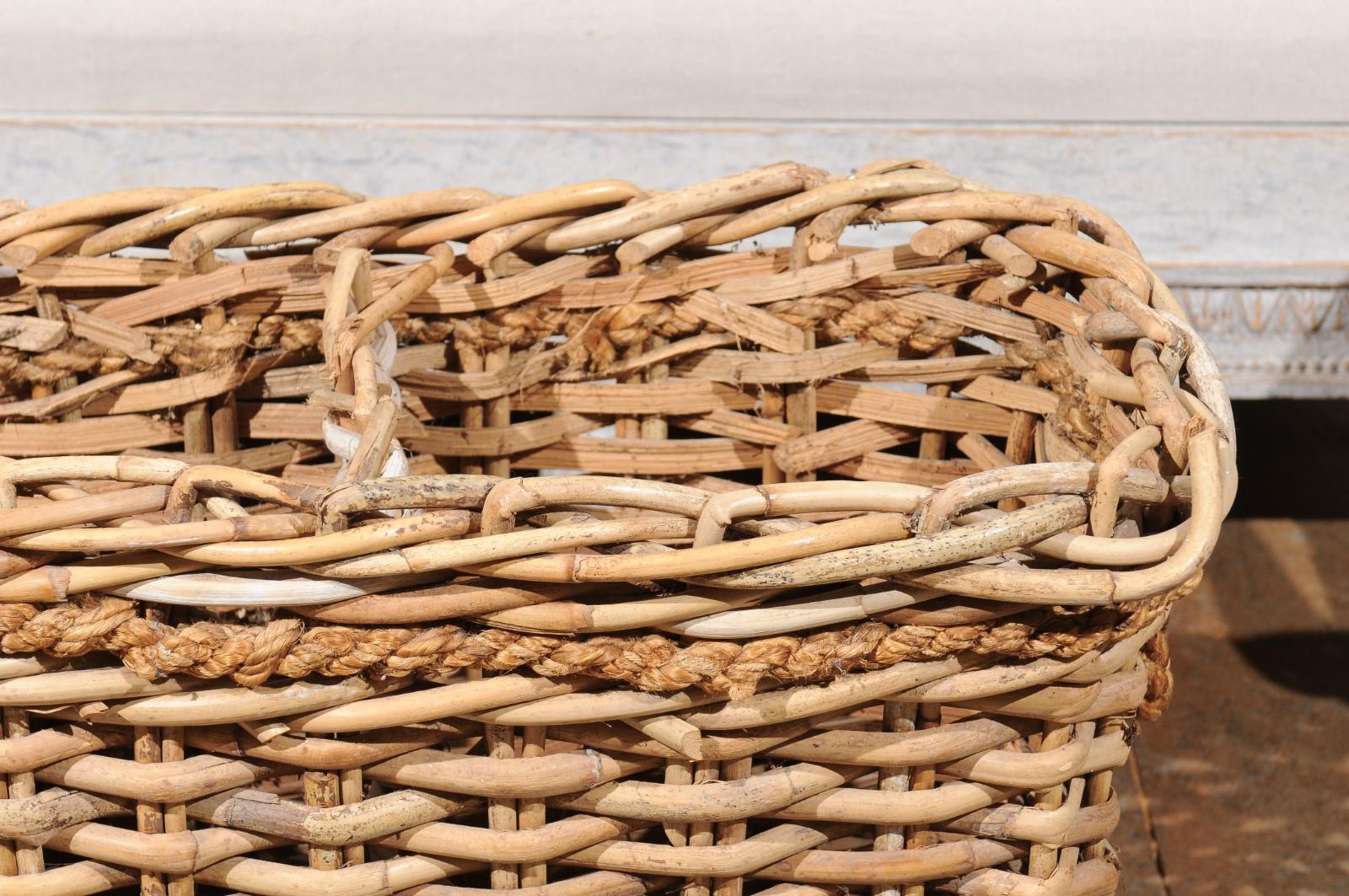 Rustic French Narrow Rectangular Partitioned Wicker Basket with Rope Handles 2
