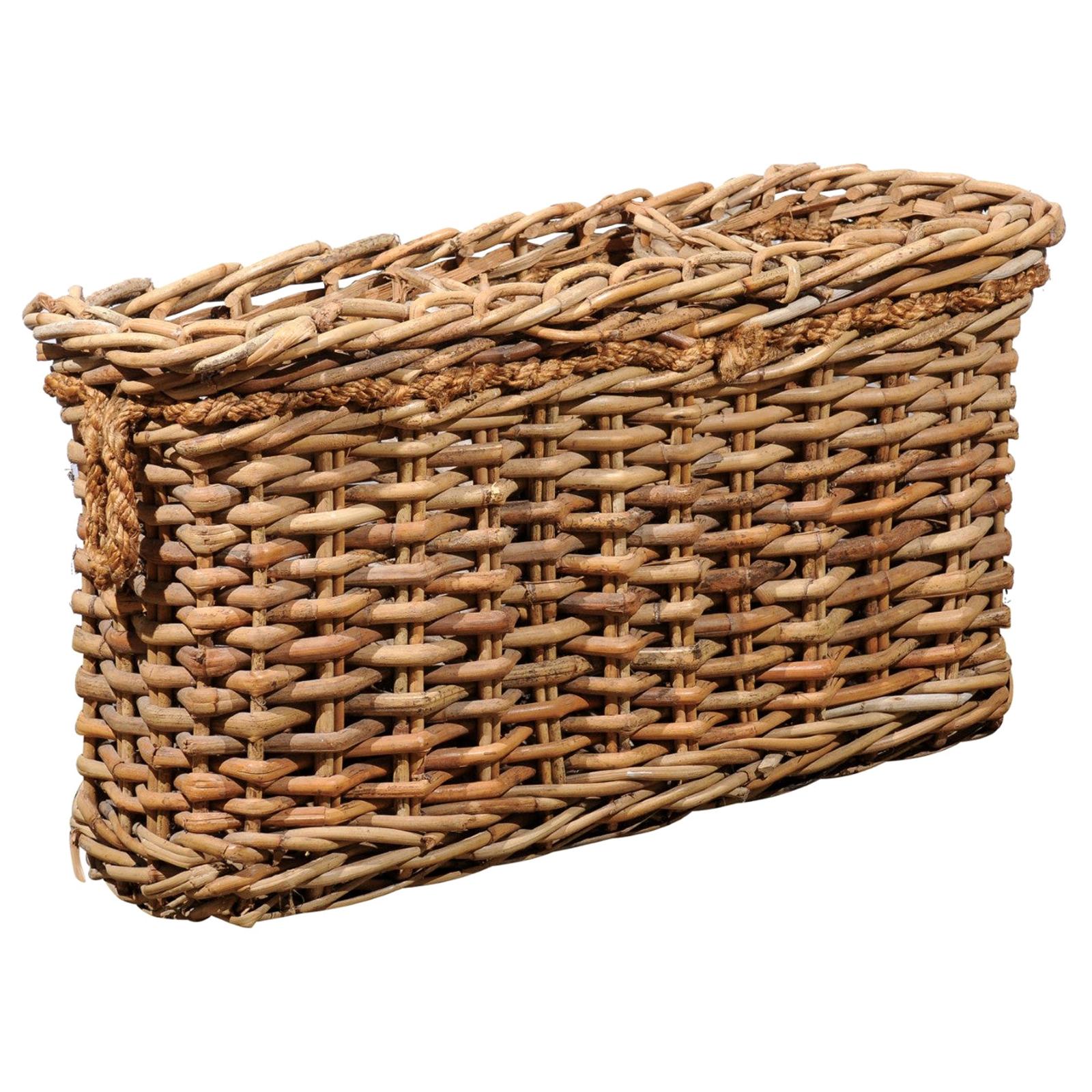 Rustic French Narrow Rectangular Partitioned Wicker Basket with Rope Handles