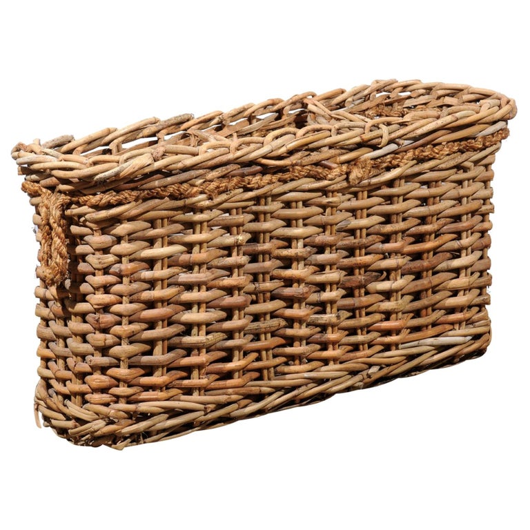 Rustic French Narrow Rectangular Partitioned Wicker Basket with Rope  Handles at 1stDibs | narrow wicker basket, narrow basket, narrow storage  basket