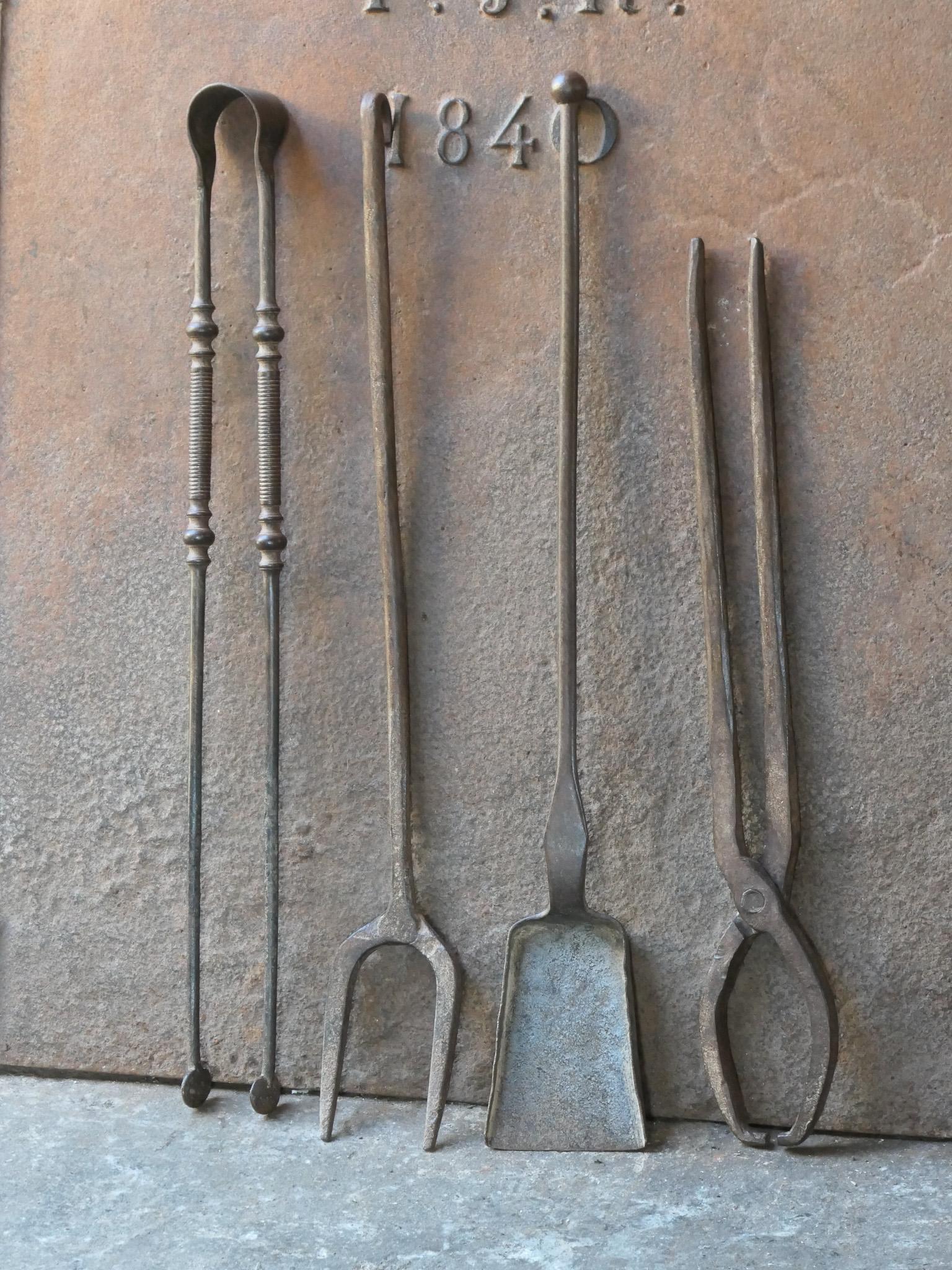 Wrought Iron Rustic French Neoclassical Fireplace Tools, 18th-19th Century For Sale