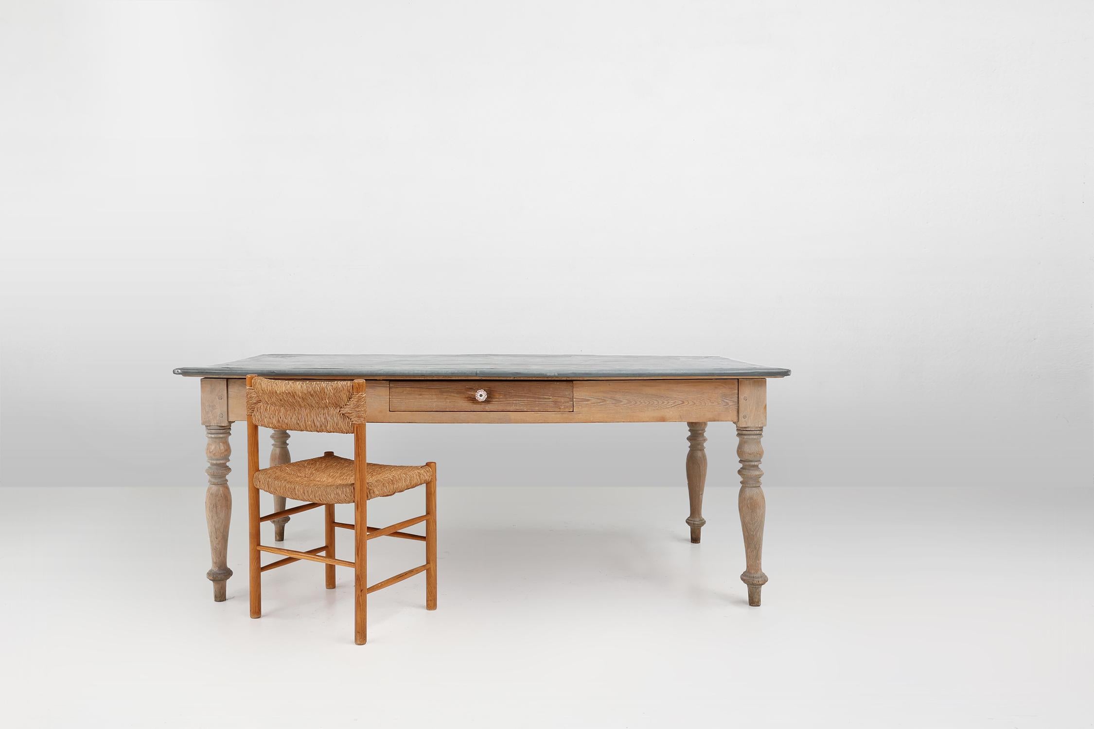 Rustic French pine wood dinner table with zinc top, ca. 1850 For Sale 9