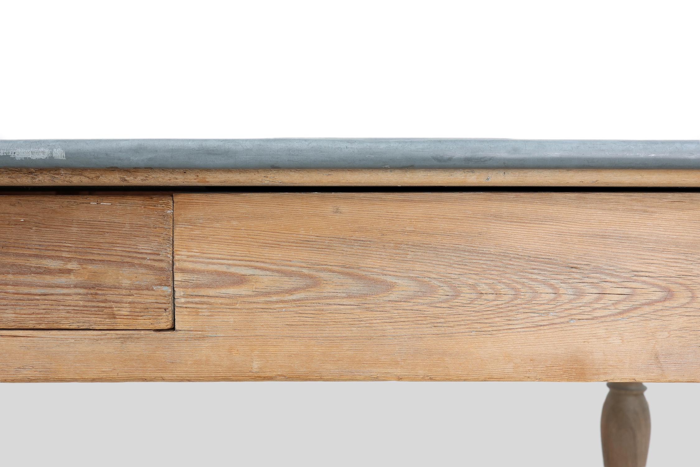 19th Century Rustic French pine wood dinner table with zinc top, ca. 1850 For Sale