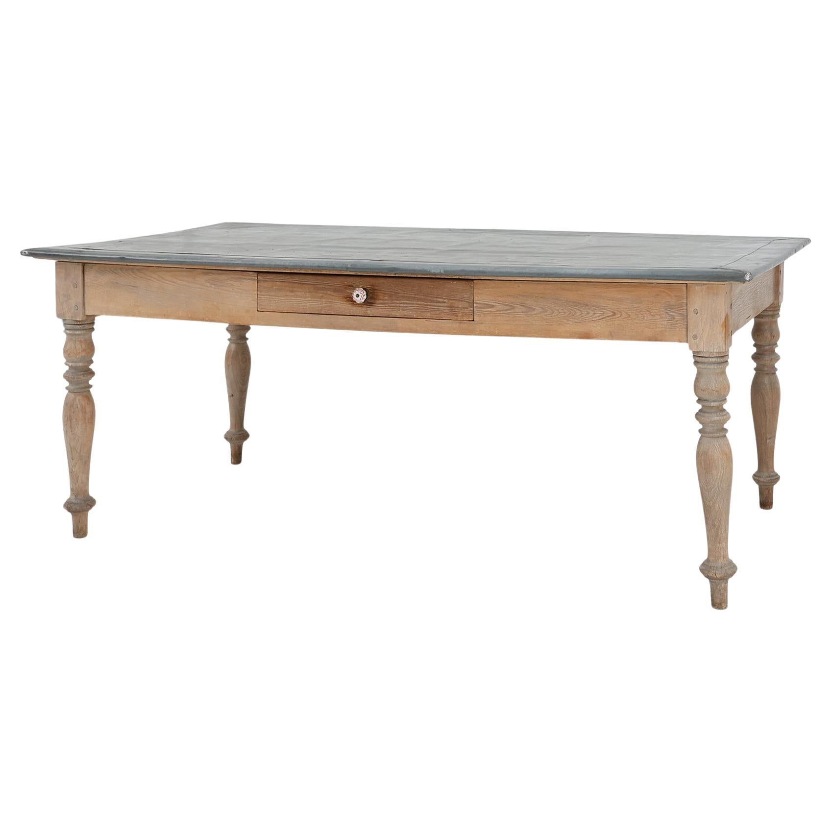 Rustic French pine wood dinner table with zinc top, ca. 1850 For Sale