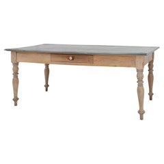 Rustic French pine wood dinner table with zinc top, ca. 1850