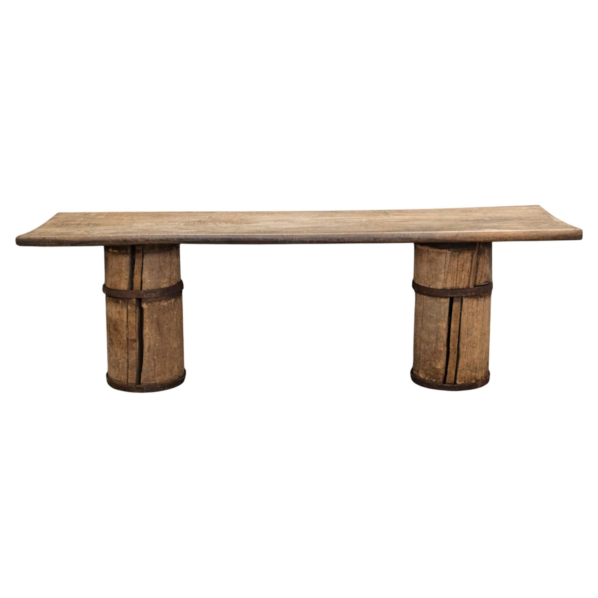 Rustic French Primitive Console Table, Solid Wood with Iron Bands For Sale