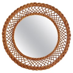 Rustic French Provence Wicker Round Mirror, Mid-Century, Handmade, France
