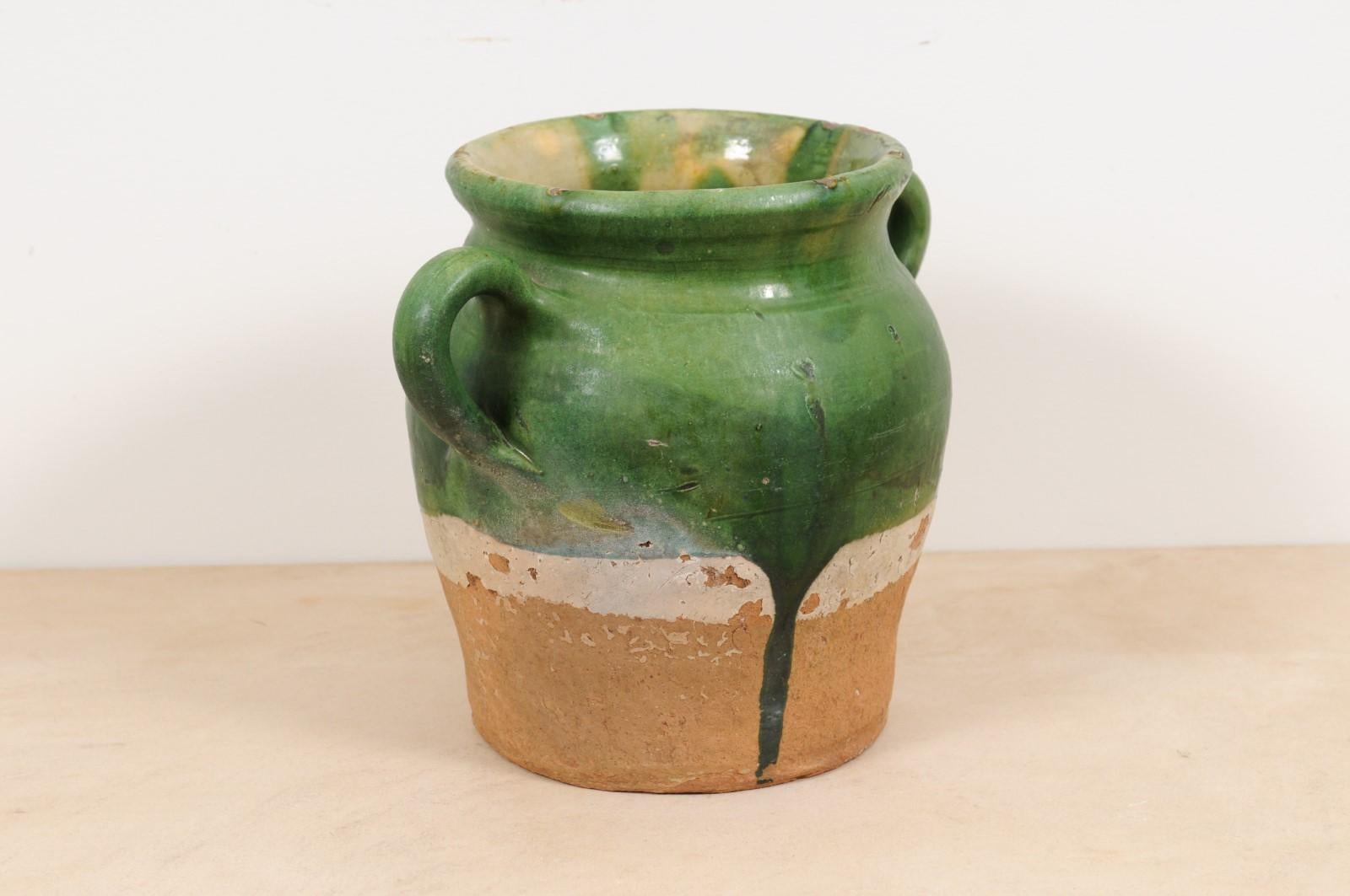 Rustic French Provincial 1850s Green Glazed Pottery Confit Pot with Two Handles In Good Condition In Atlanta, GA