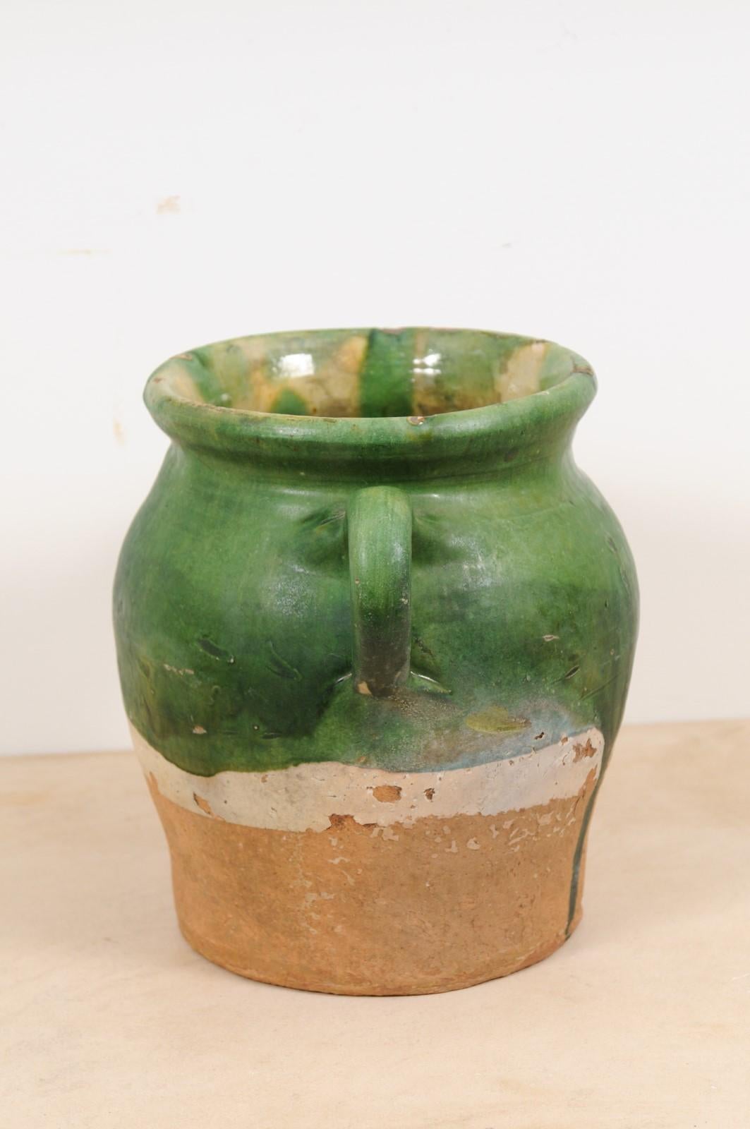 19th Century Rustic French Provincial 1850s Green Glazed Pottery Confit Pot with Two Handles