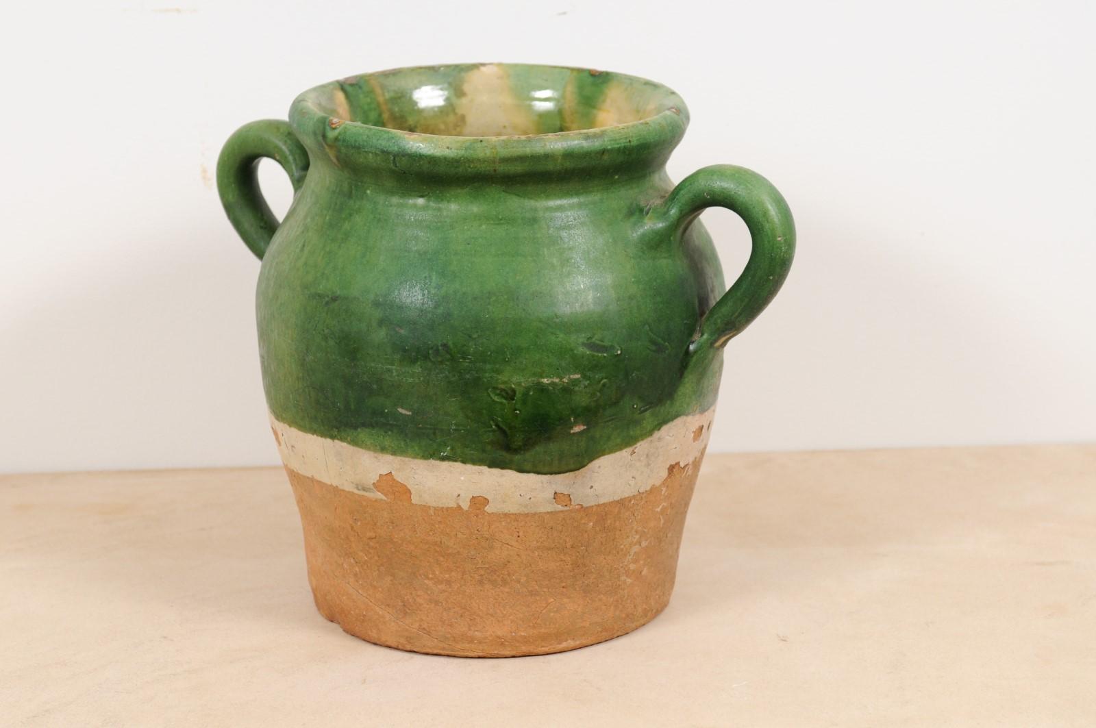 Rustic French Provincial 1850s Green Glazed Pottery Confit Pot with Two Handles 1