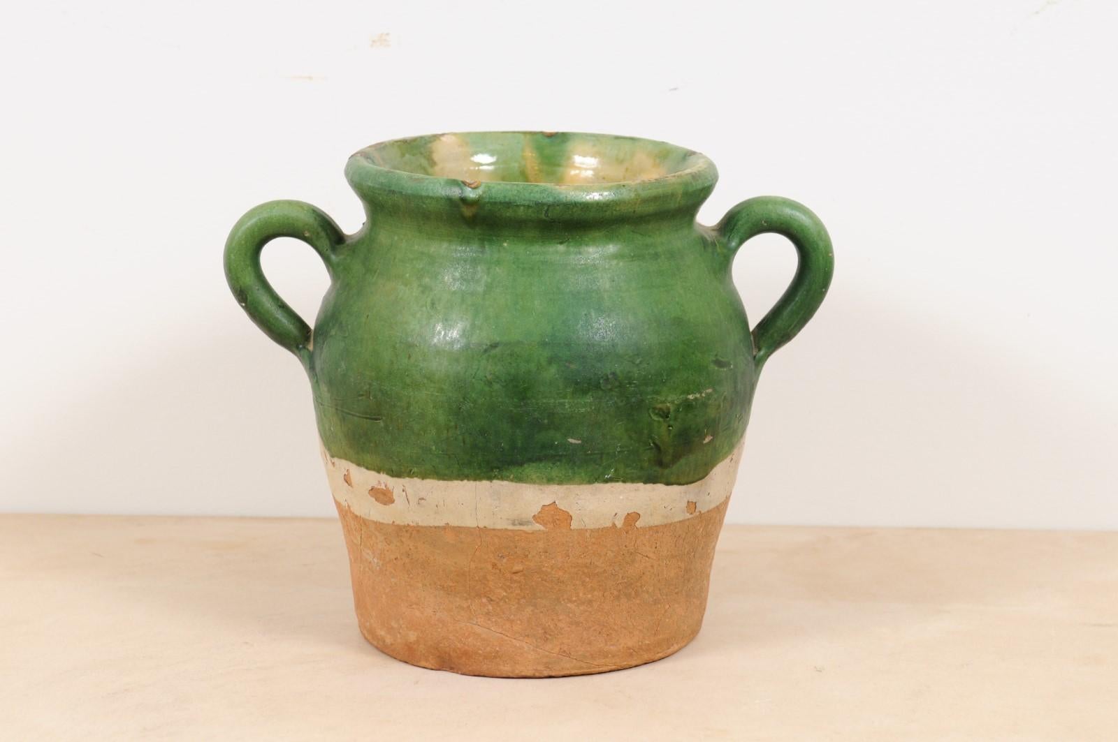 Rustic French Provincial 1850s Green Glazed Pottery Confit Pot with Two Handles 2