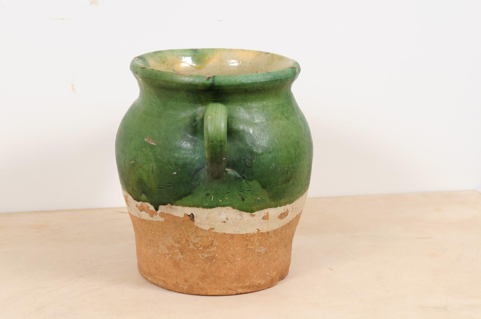 Rustic French Provincial 1850s Green Glazed Pottery Confit Pot with Two Handles 3
