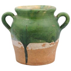 Rustic French Provincial 1850s Green Glazed Pottery Confit Pot with Two Handles