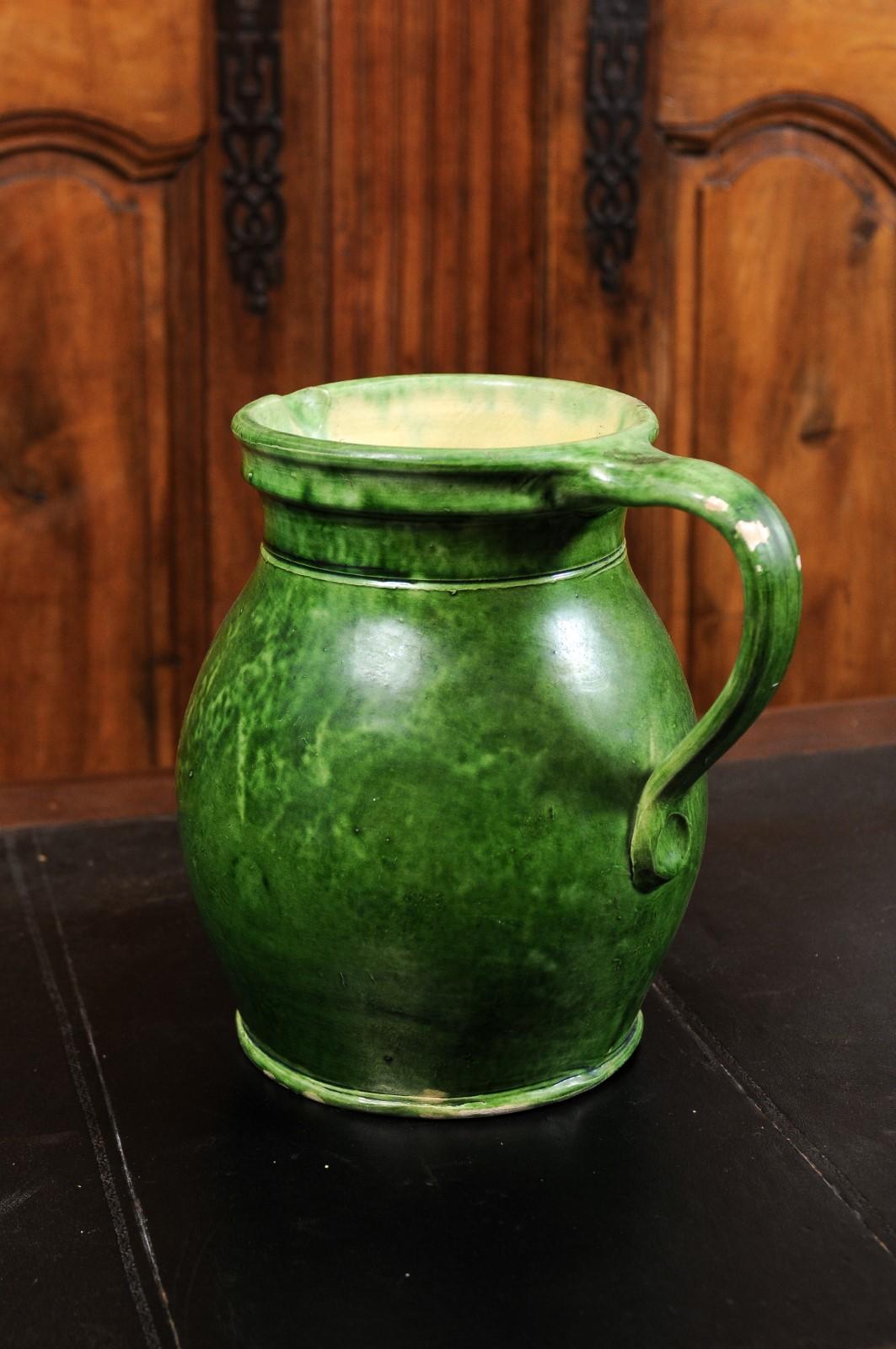 Rustic French Provincial 19th Century Pitcher with Green Glazed Body In Good Condition In Atlanta, GA