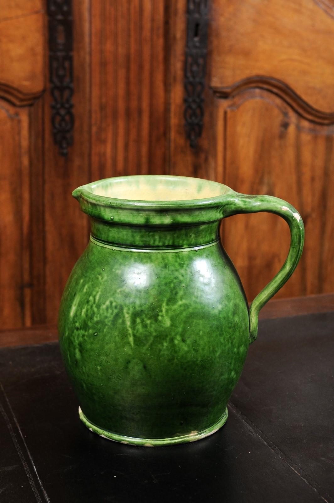 Pottery Rustic French Provincial 19th Century Pitcher with Green Glazed Body