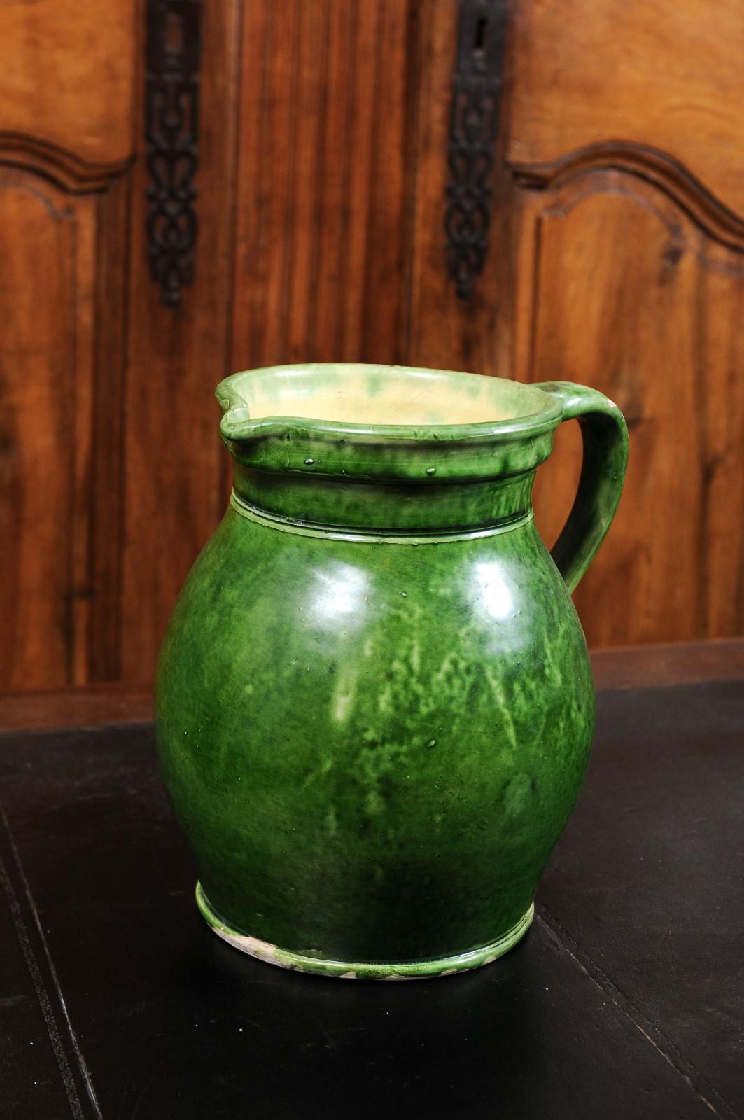Rustic French Provincial 19th Century Pitcher with Green Glazed Body 1