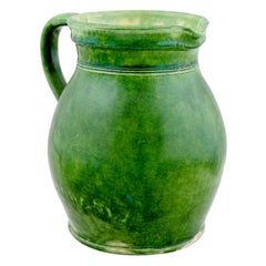 Antique Rustic French Provincial 19th Century Pitcher with Green Glazed Body