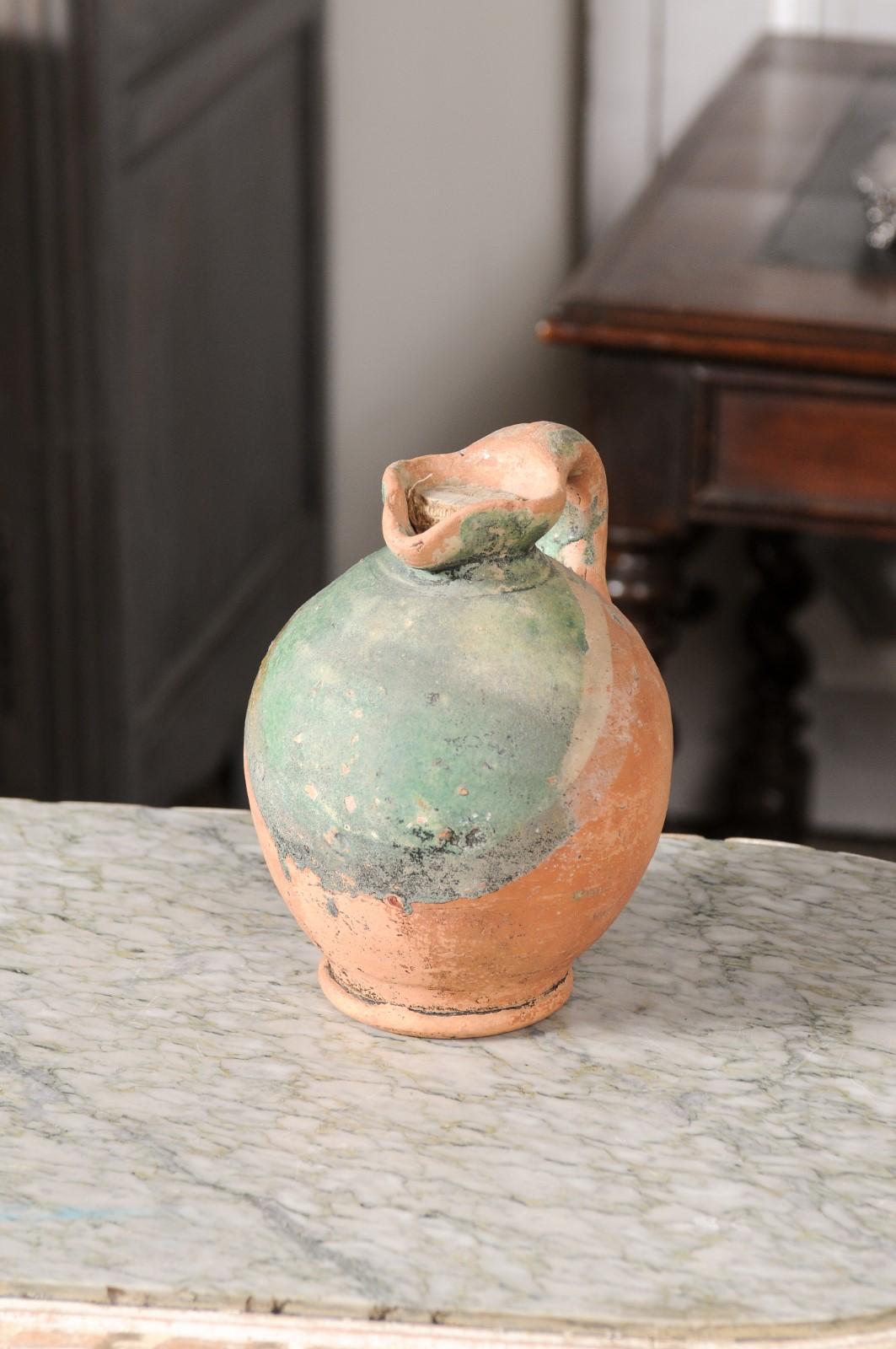 Rustic French Provincial 19th Century Pottery Jug with Green Glazed Accents For Sale 7