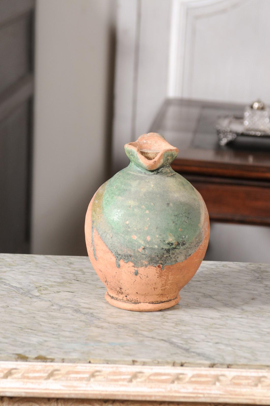Rustic French Provincial 19th Century Pottery Jug with Green Glazed Accents For Sale 8