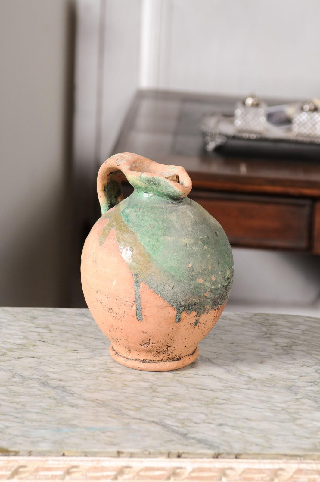 Rustic French Provincial 19th Century Pottery Jug with Green Glazed Accents For Sale 1