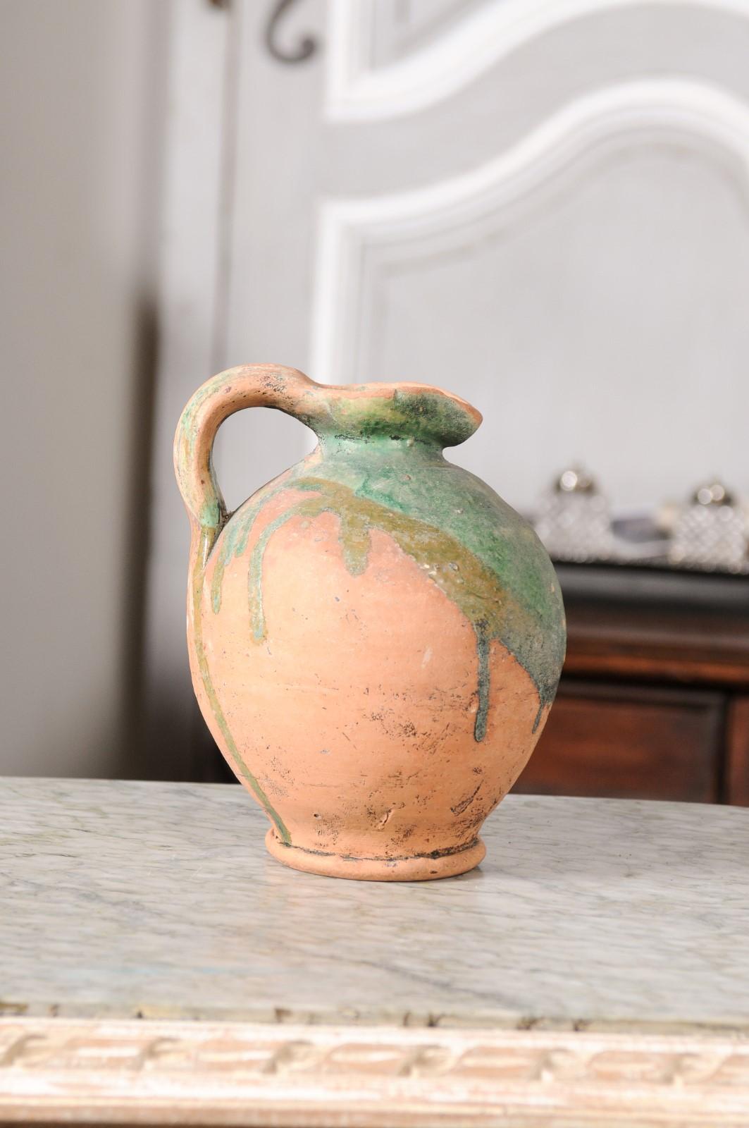 Rustic French Provincial 19th Century Pottery Jug with Green Glazed Accents For Sale 2