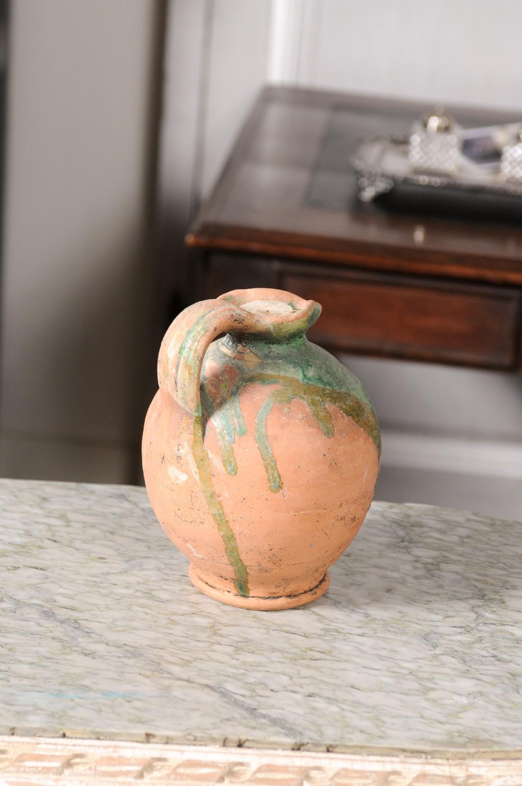Rustic French Provincial 19th Century Pottery Jug with Green Glazed Accents For Sale 3