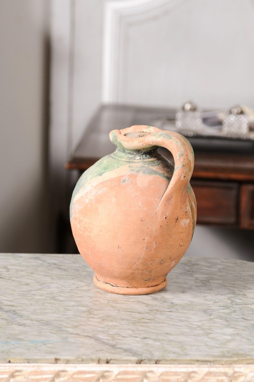 Rustic French Provincial 19th Century Pottery Jug with Green Glazed Accents For Sale 5