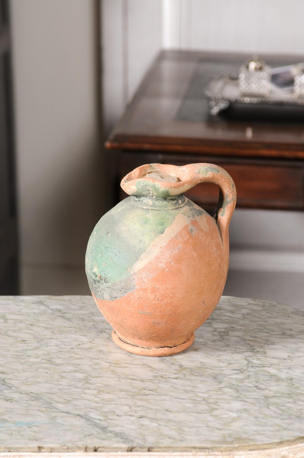 Rustic French Provincial 19th Century Pottery Jug with Green Glazed Accents For Sale 6