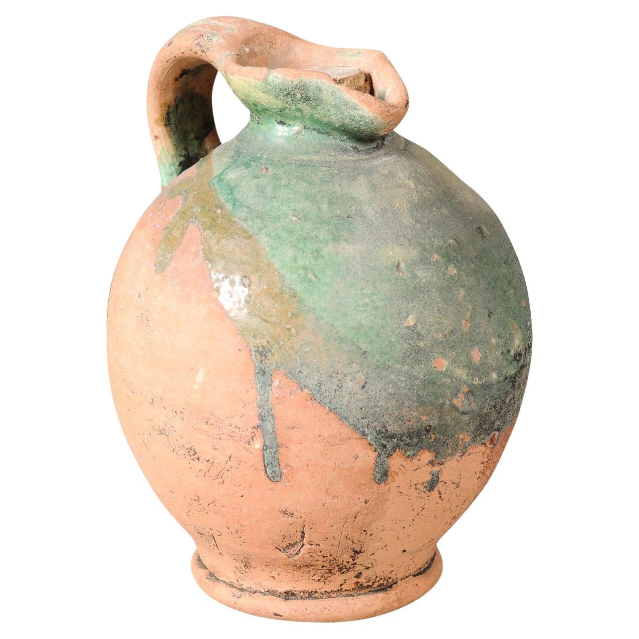 Rustic French Provincial 19th Century Pottery Jug with Green Glazed Accents For Sale