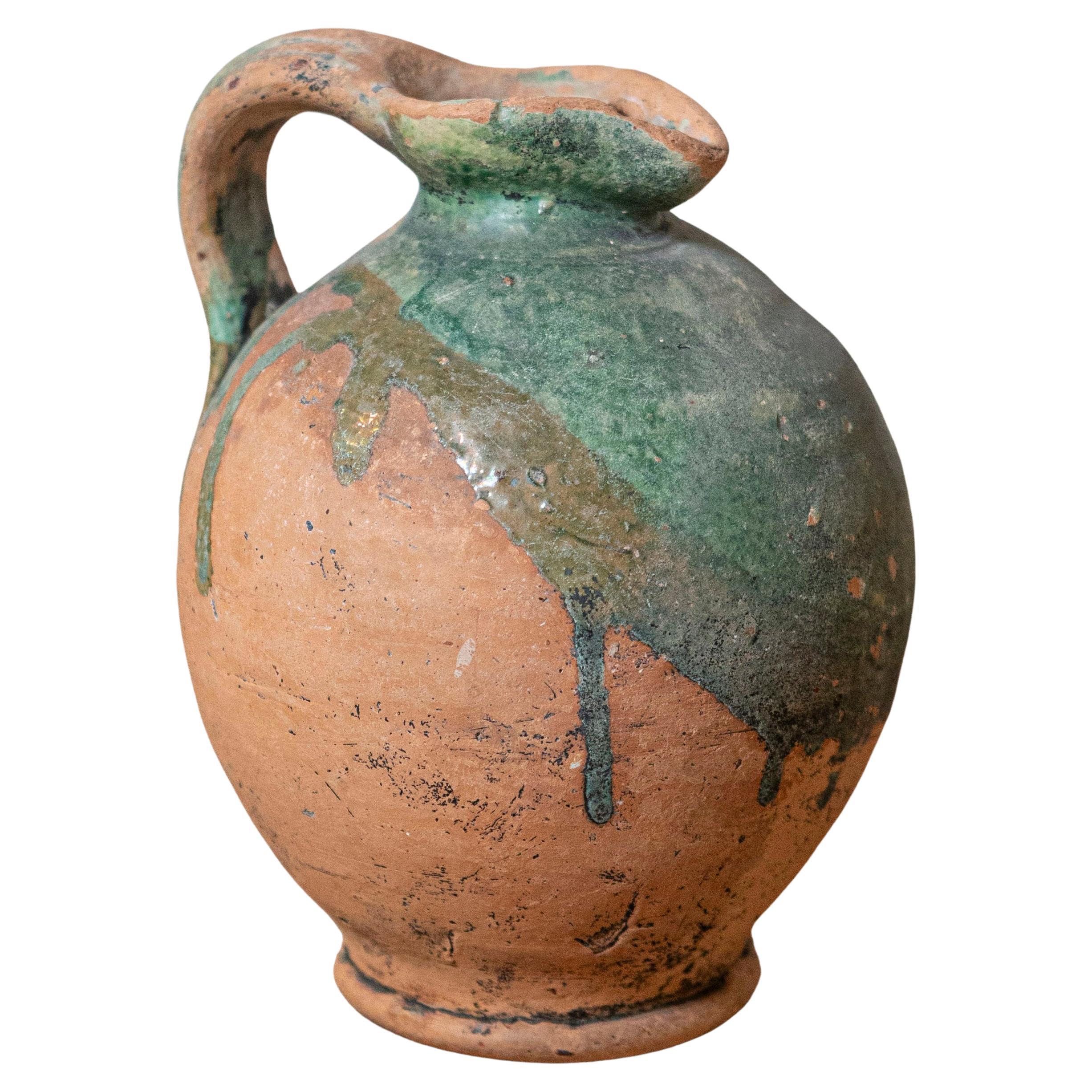 Pichet en poterie provinciale française rustique du 19ème siècle avec accents émaillés verts
