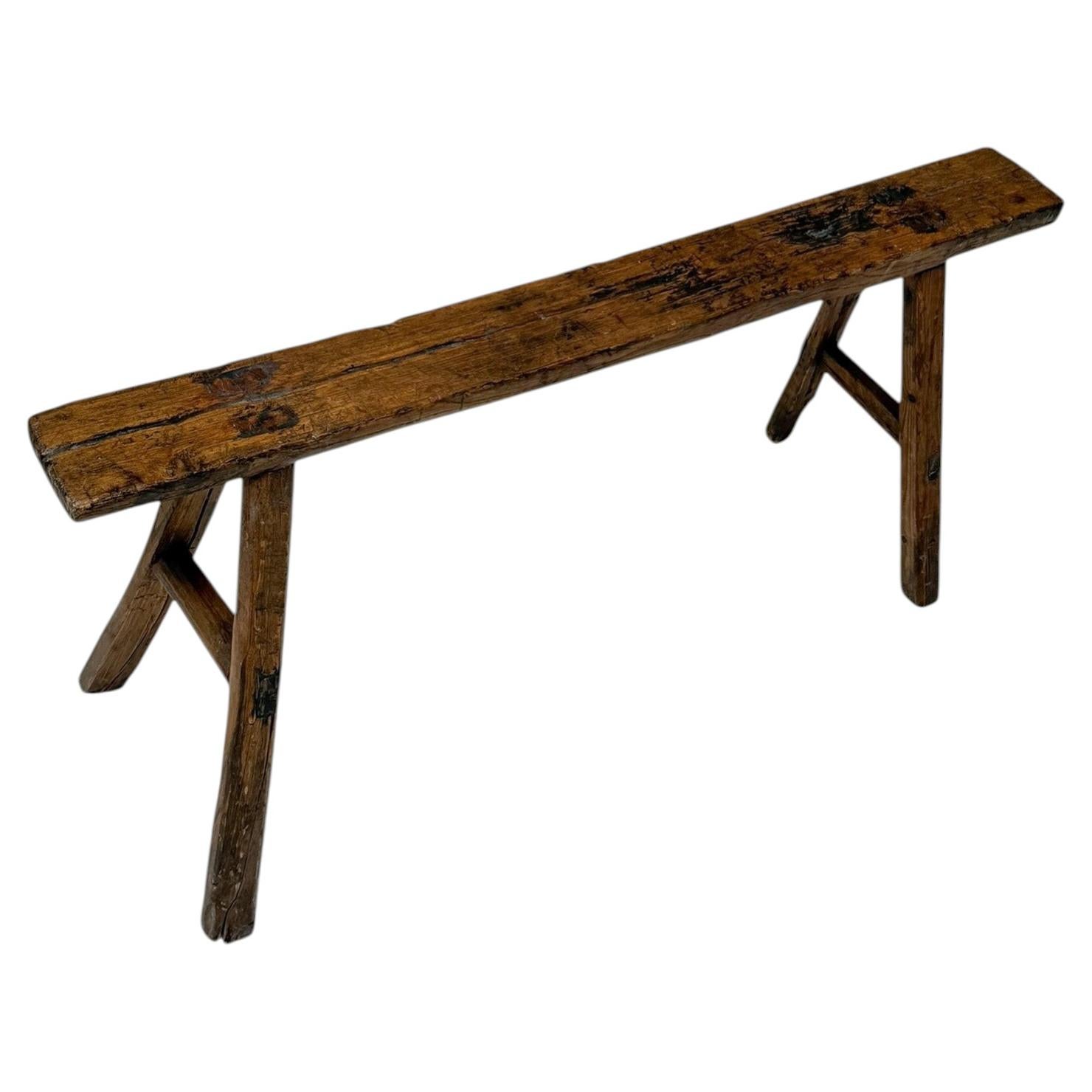 Rustic French Provincial Bench, Patinated Pine & Elm, 1950s Design