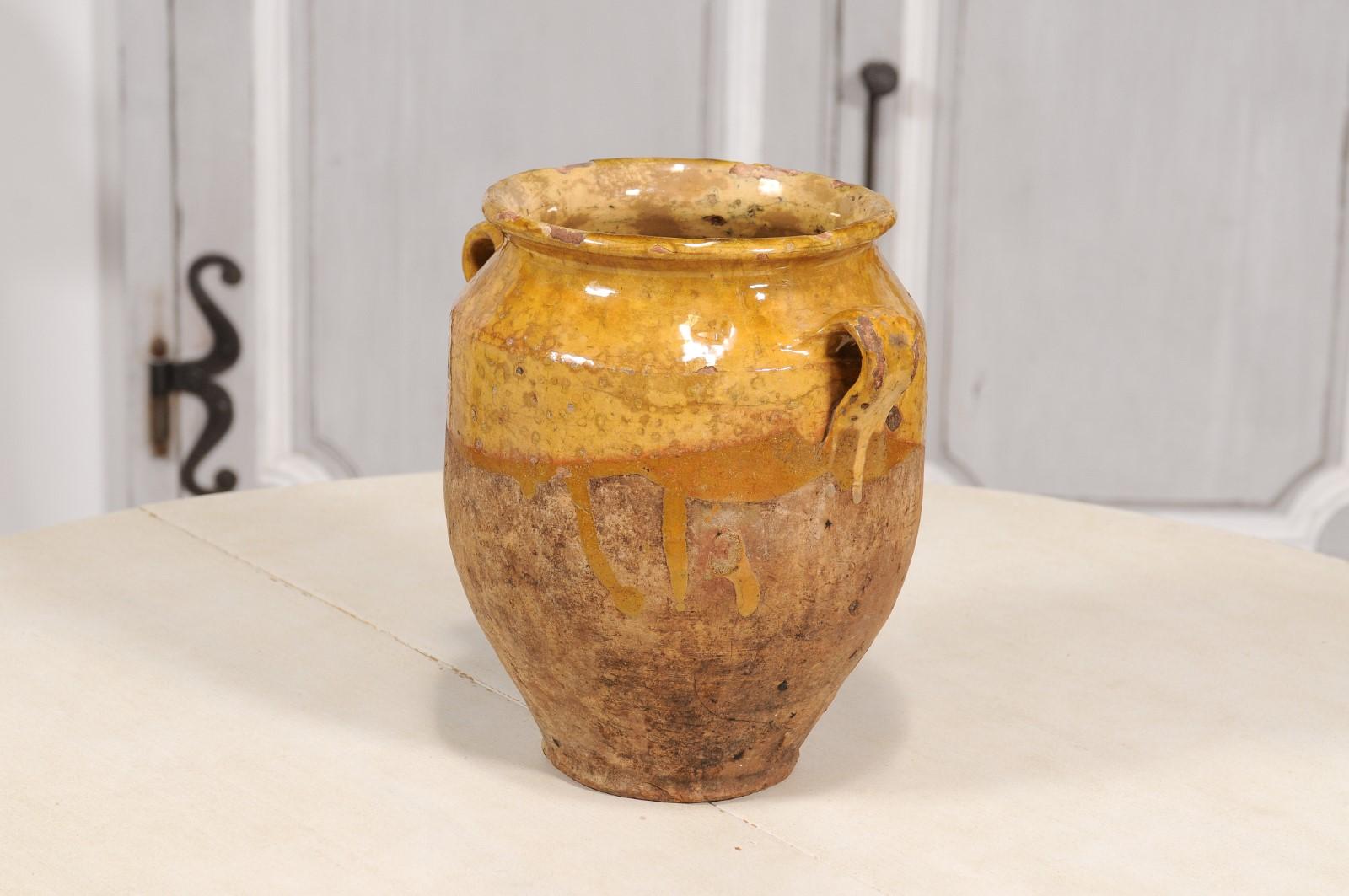 Rustic French Provincial Double Handled Pottery Pot à Confit with Yellow Glaze For Sale 7