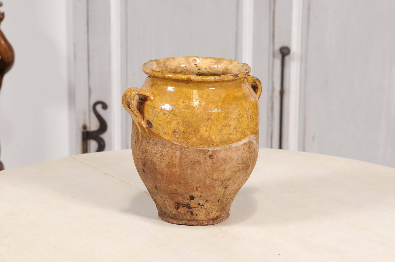 Glazed Rustic French Provincial Double Handled Pottery Pot à Confit with Yellow Glaze For Sale