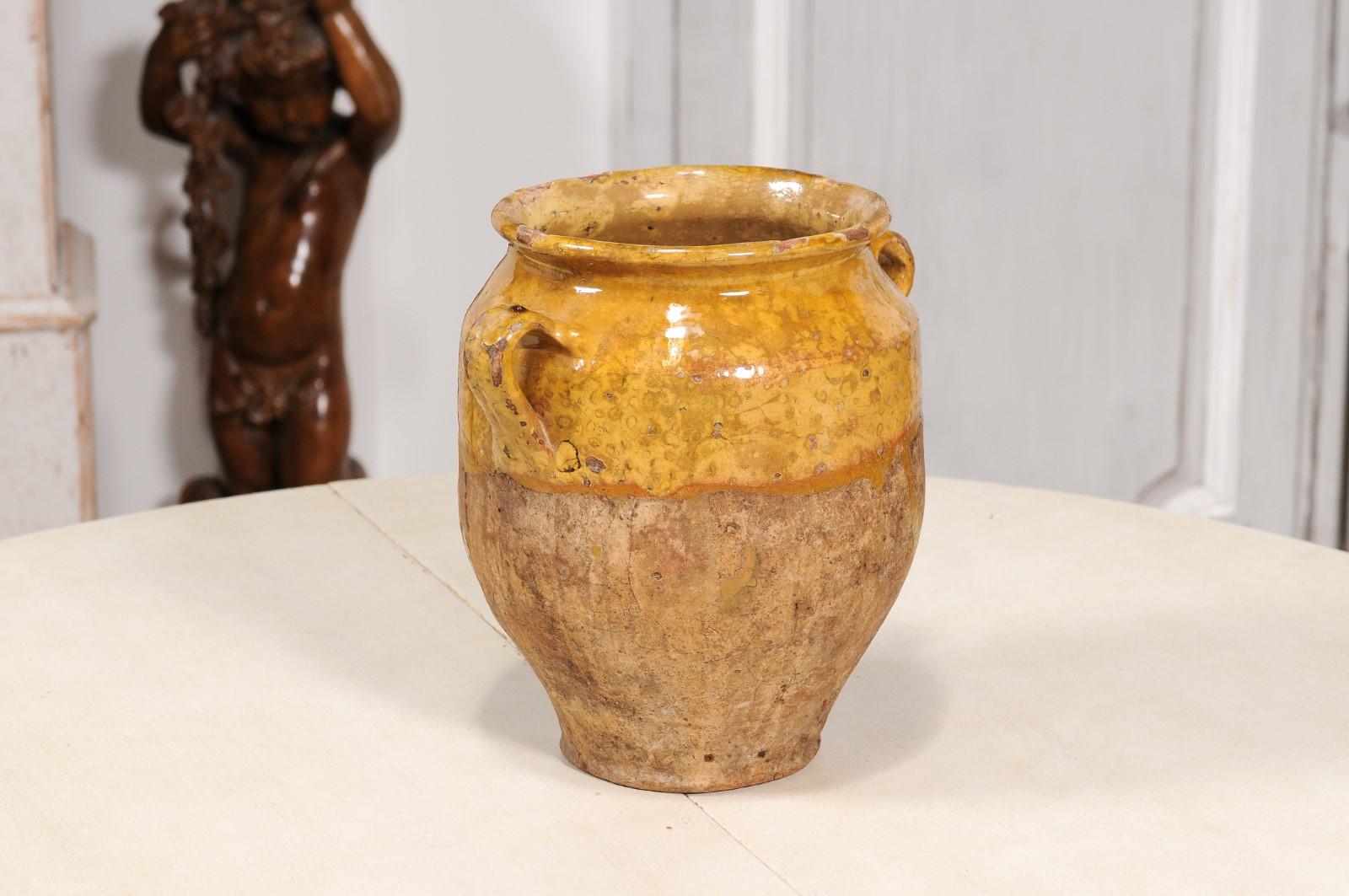 Rustic French Provincial Double Handled Pottery Pot à Confit with Yellow Glaze For Sale 1
