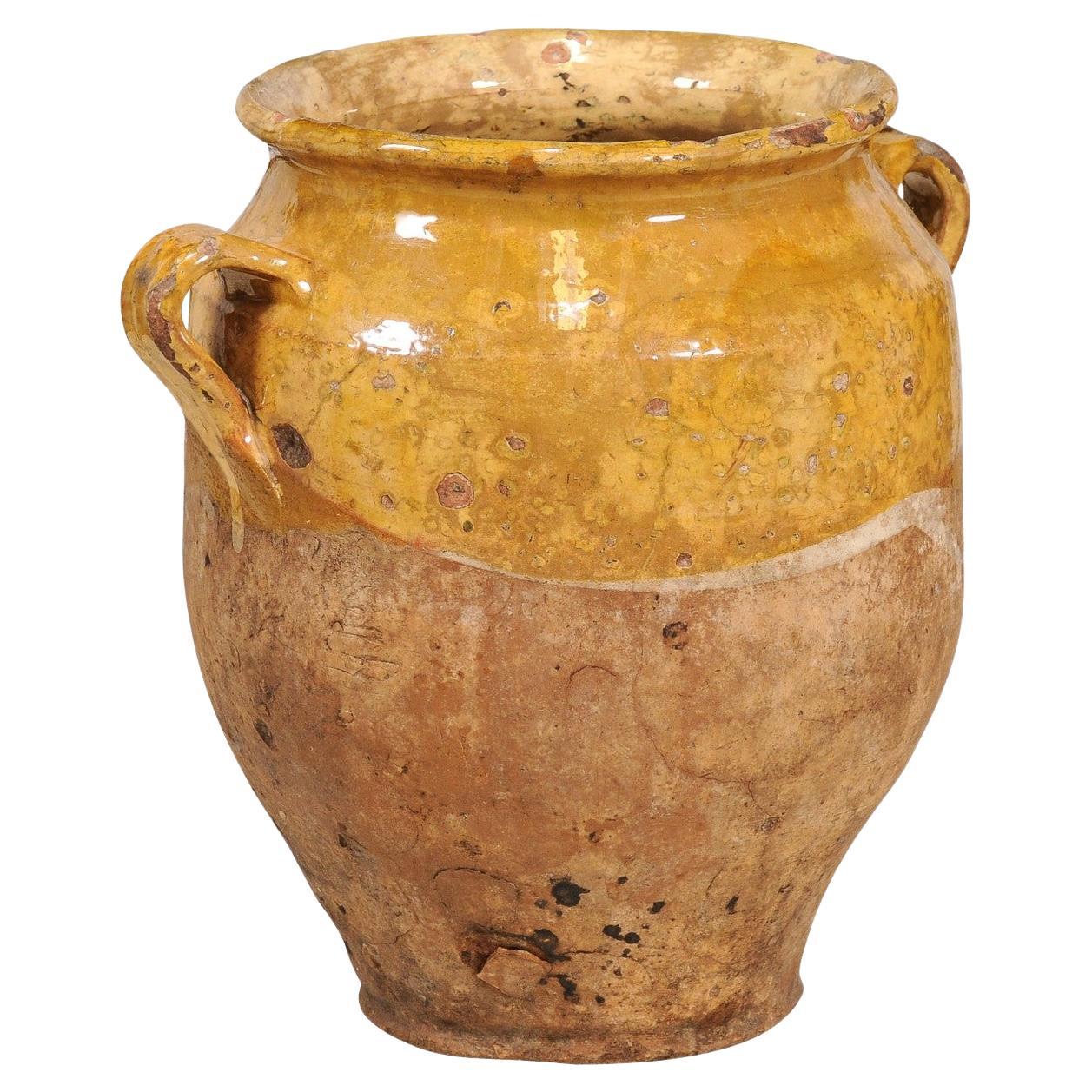 Rustic French Provincial Double Handled Pottery Pot à Confit with Yellow Glaze For Sale