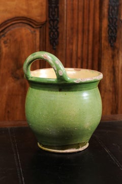 Rustic French Provincial Green Glazed 19th Century Jardinière with Back Handle