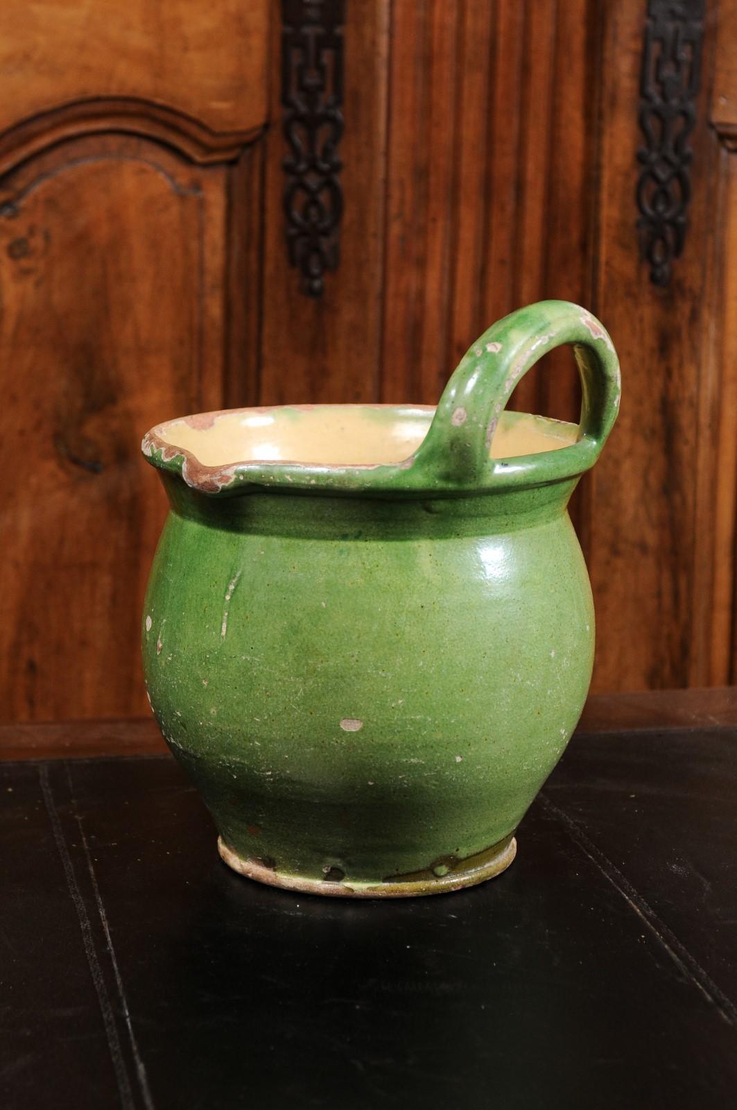 Pottery Rustic French Provincial Green Glazed 19th Century Jardinière with Back Handle