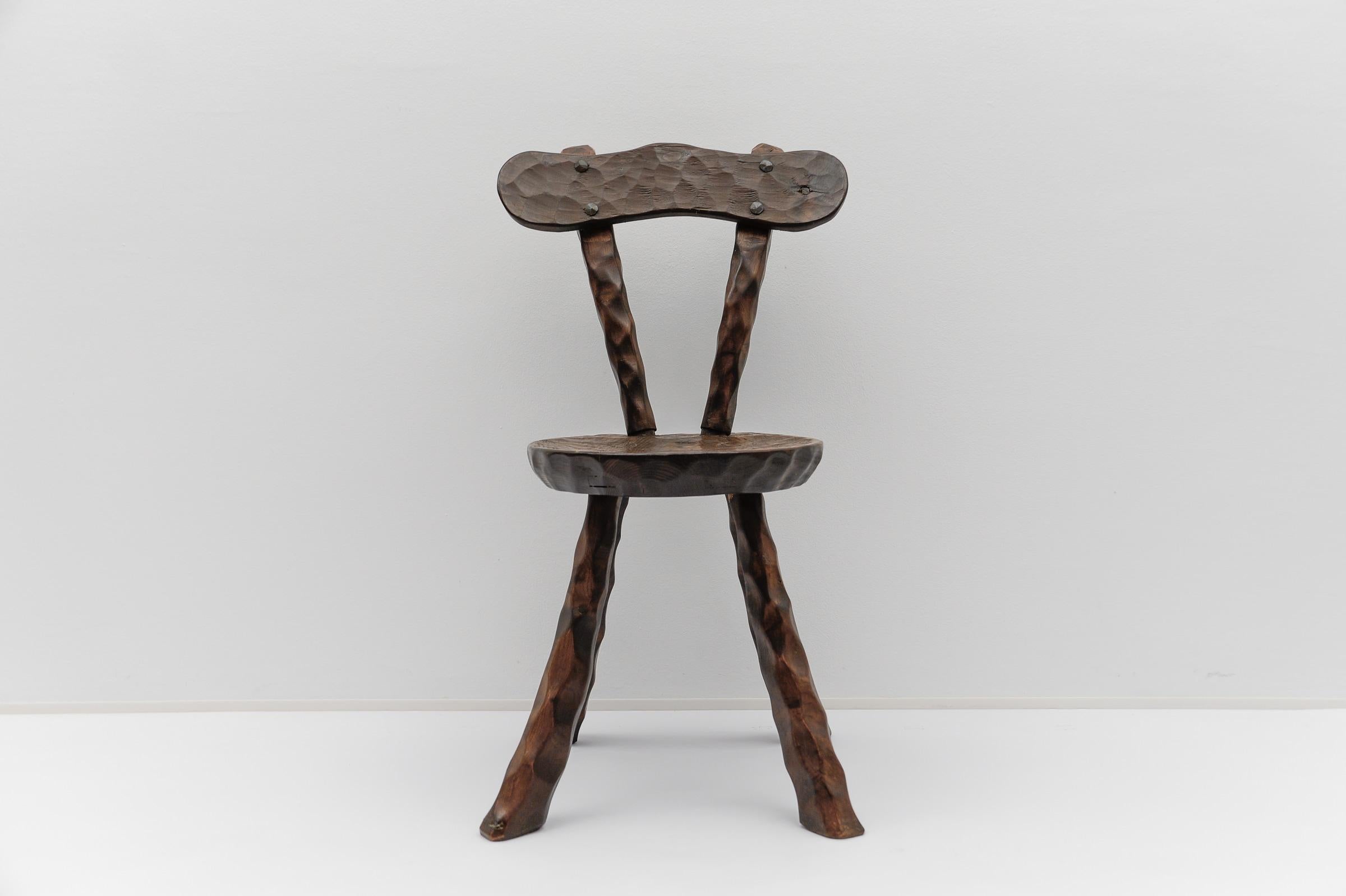 Rustic French Provincial Sculptured Chair in the Style of Alexandre Noll, 1960s

The seat width is 32 cm, the seat depth 37 cm and the seat height 39 cm. 
The overall width is 42cm, the overall depth is 47cm and the overall height is 77cm.

