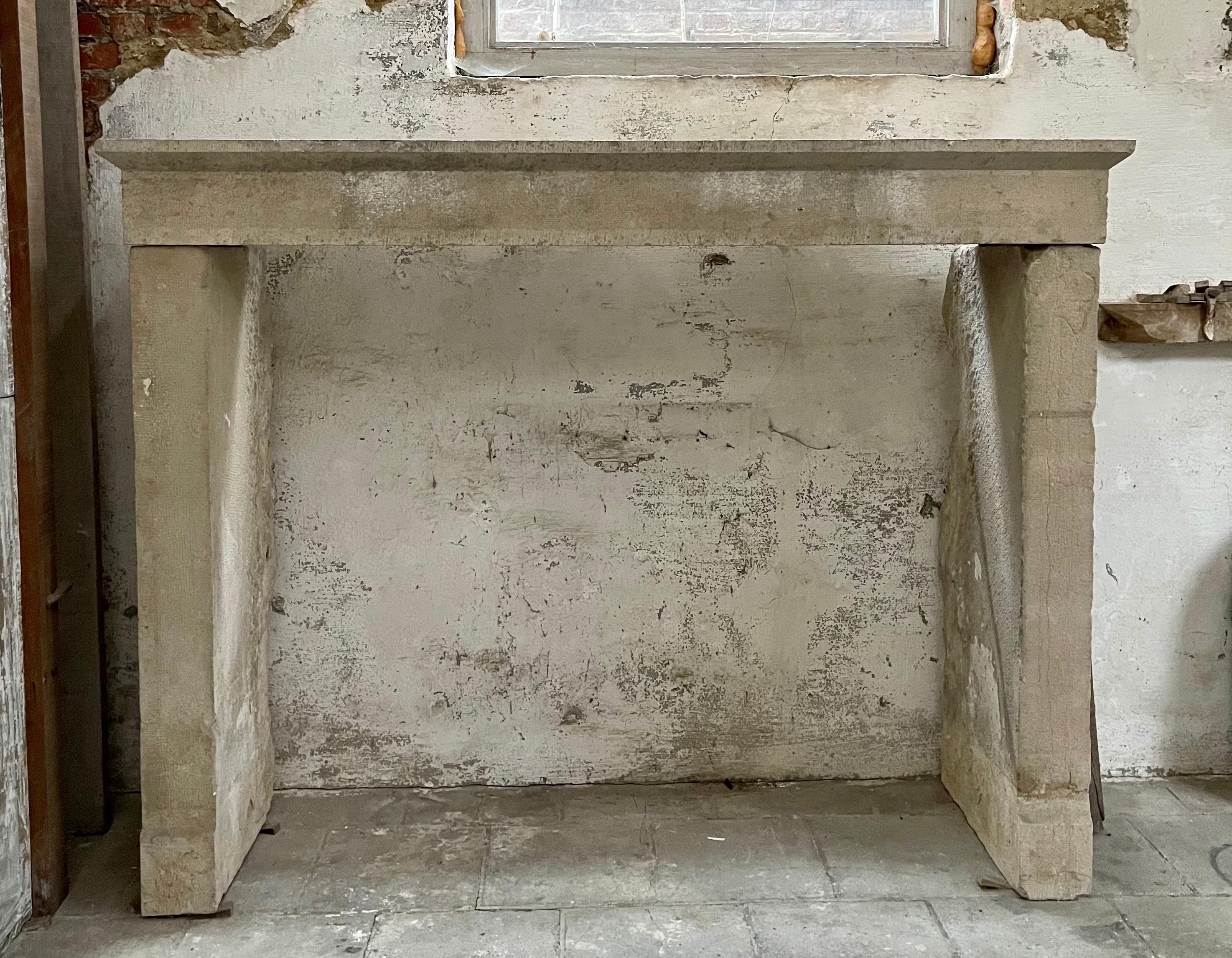 A rather grand 19th century, more than 100 years old, rustic limestone fireplace surround. The size is rare.
The mantle is in good condition and will get a last recondition and clean-up before leaving our warehouse.
Also see the rendering images