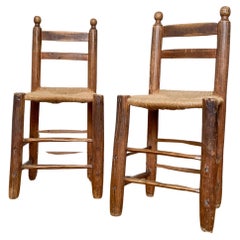 Antique Rustic French Rush Seat Chair Pair