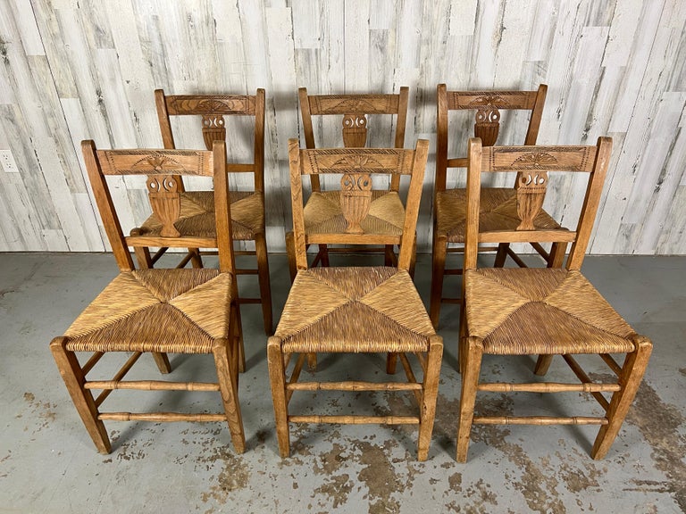 Rustic French Rush Seat Dining Chairs with Owl Splat For Sale at 1stDibs