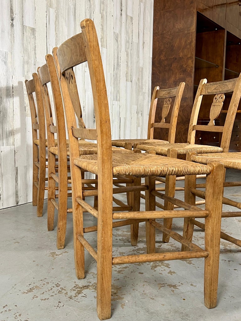 Rustic French Rush Seat Dining Chairs with Owl Splat For Sale at 1stDibs
