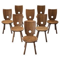 Rustic French Set of Eight Dining Chairs in Solid Oak 