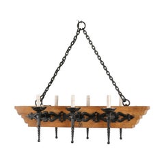 Rustic French Six-Light Wood + Iron Chandelier with Torch Style Arms