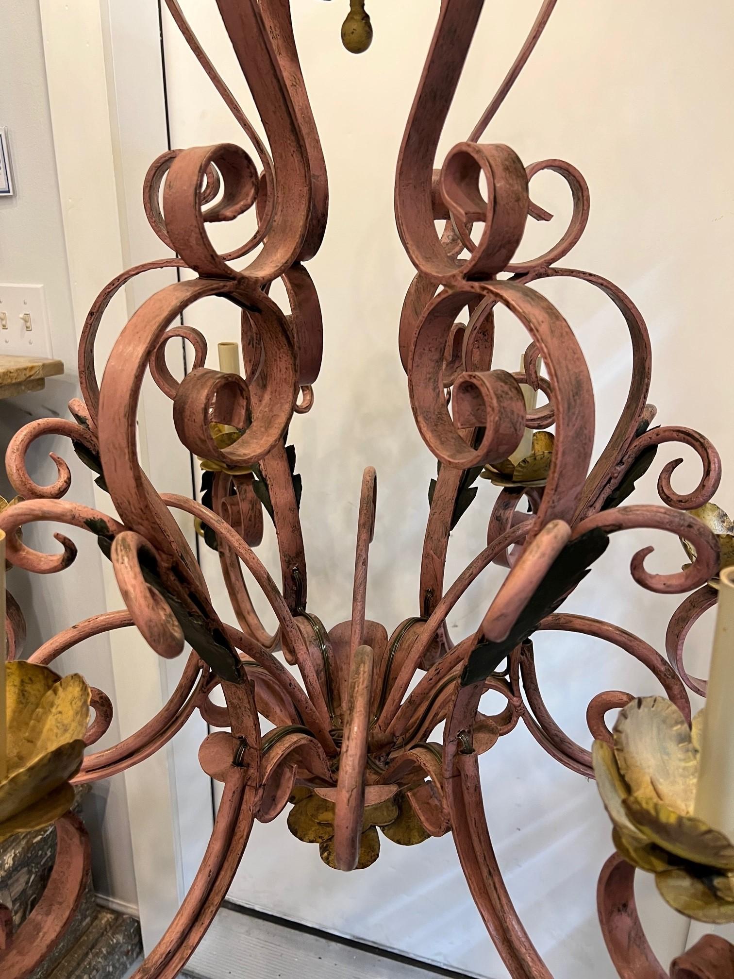 Painted Rustic French Style Six Light Wrought Iron Chandelier  For Sale