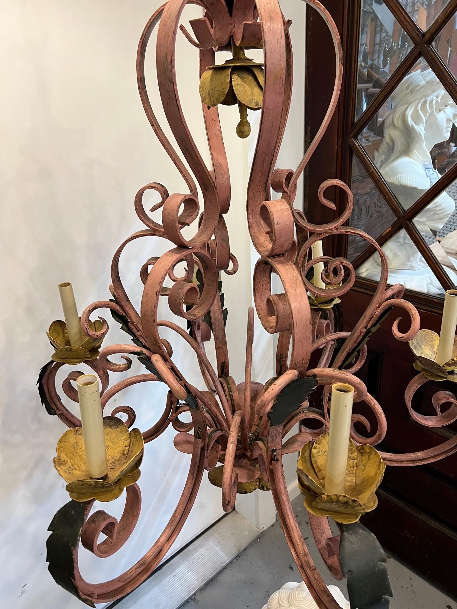 Rustic French Style Six Light Wrought Iron Chandelier  For Sale 3