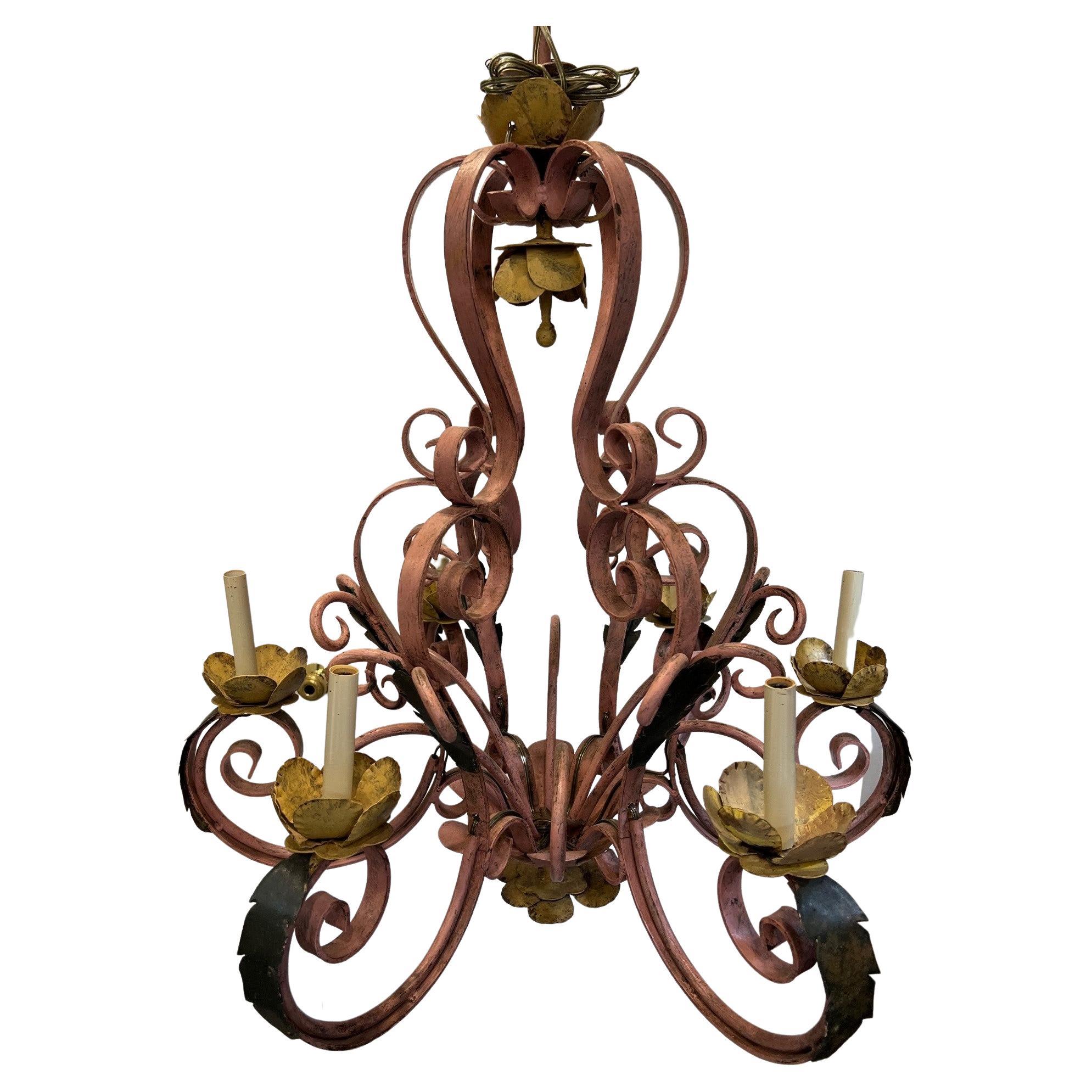 Rustic French Style Six Light Wrought Iron Chandelier 