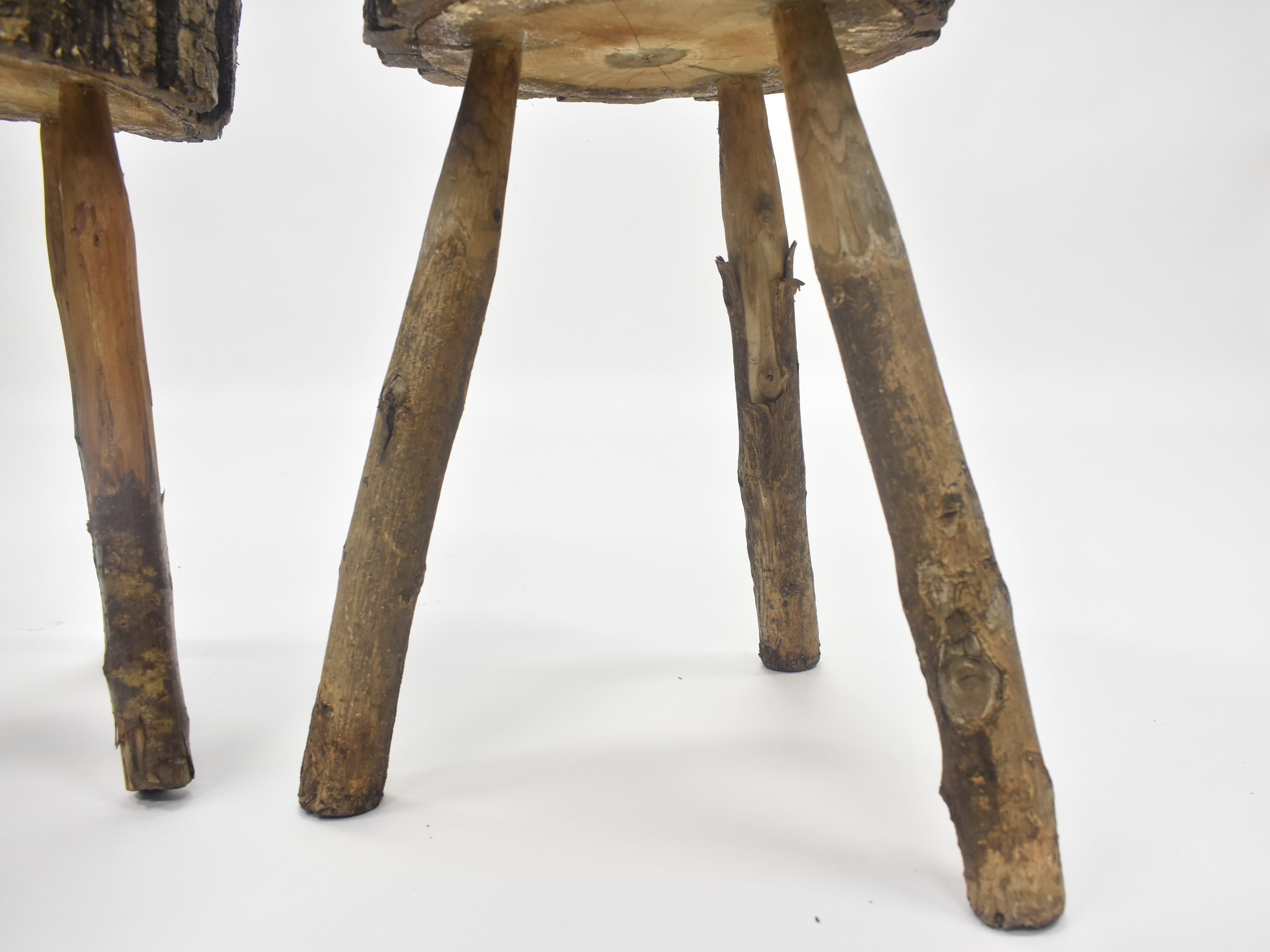 Folk art side tables crafted from tree trunk pieces. The small diameter makes for a perfect cocktail table. Sold separately.