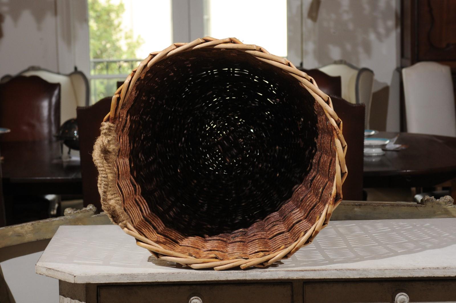 Rustic French Wicker Basket with Single Lateral Handle and Diagonal Patterns 7